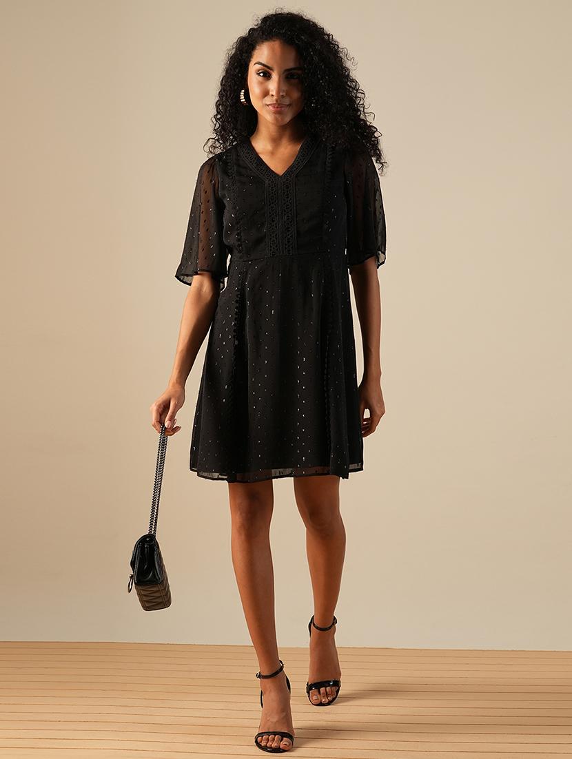 globus women black v-neck flared sleeves shiny self design lace inserts mini a-line party dress - 21649158 -  Zoom Image - 0