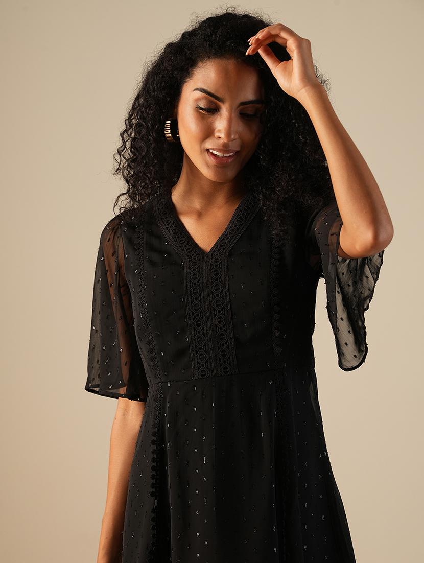 globus women black v-neck flared sleeves shiny self design lace inserts mini a-line party dress - 21649158 - Standard Image - 3