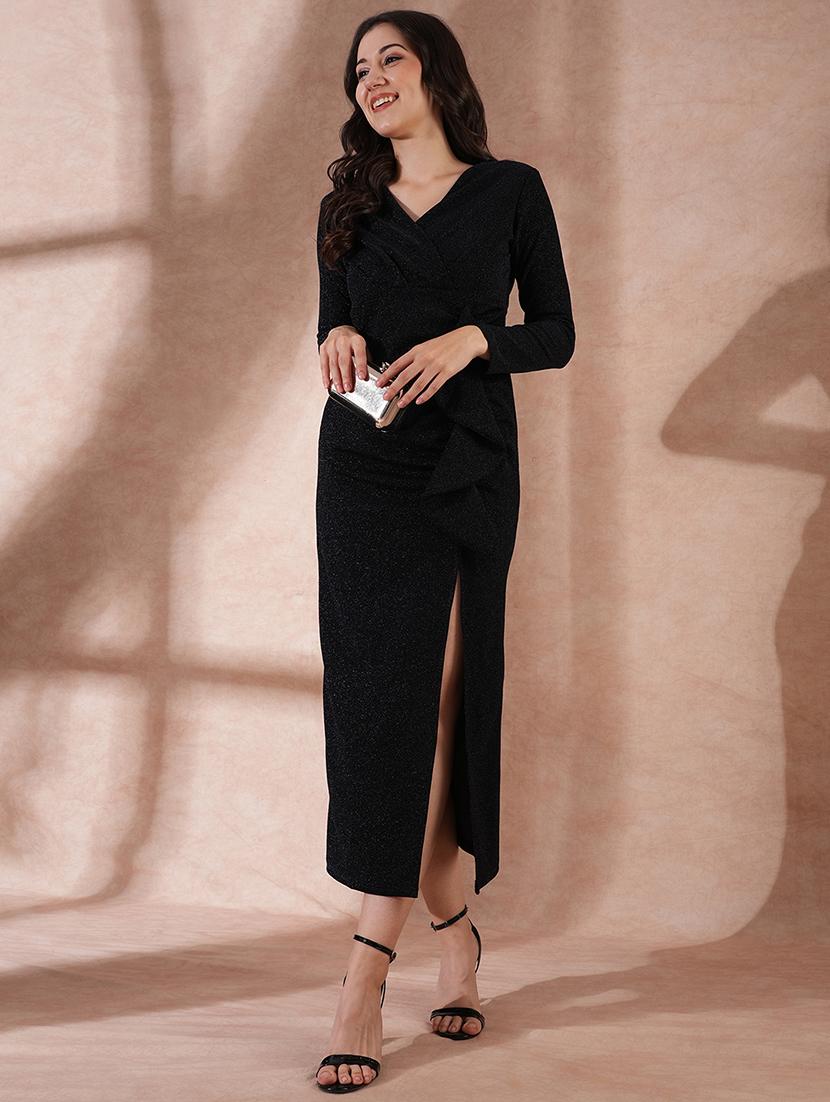 globus women navy blue long sleeves v-neck ruffle detail shimmer side slit bodycon maxi party dress - 21649160 - Zoom Image - 0