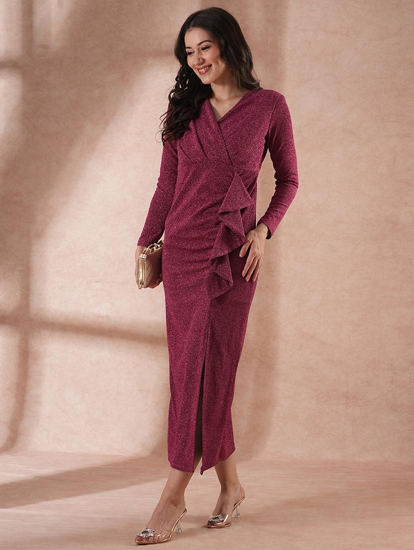 globus women pink long sleeves v-neck ruffle detail shimmer side slit bodycon maxi party dress - 21649161 - Zoom Image - 0