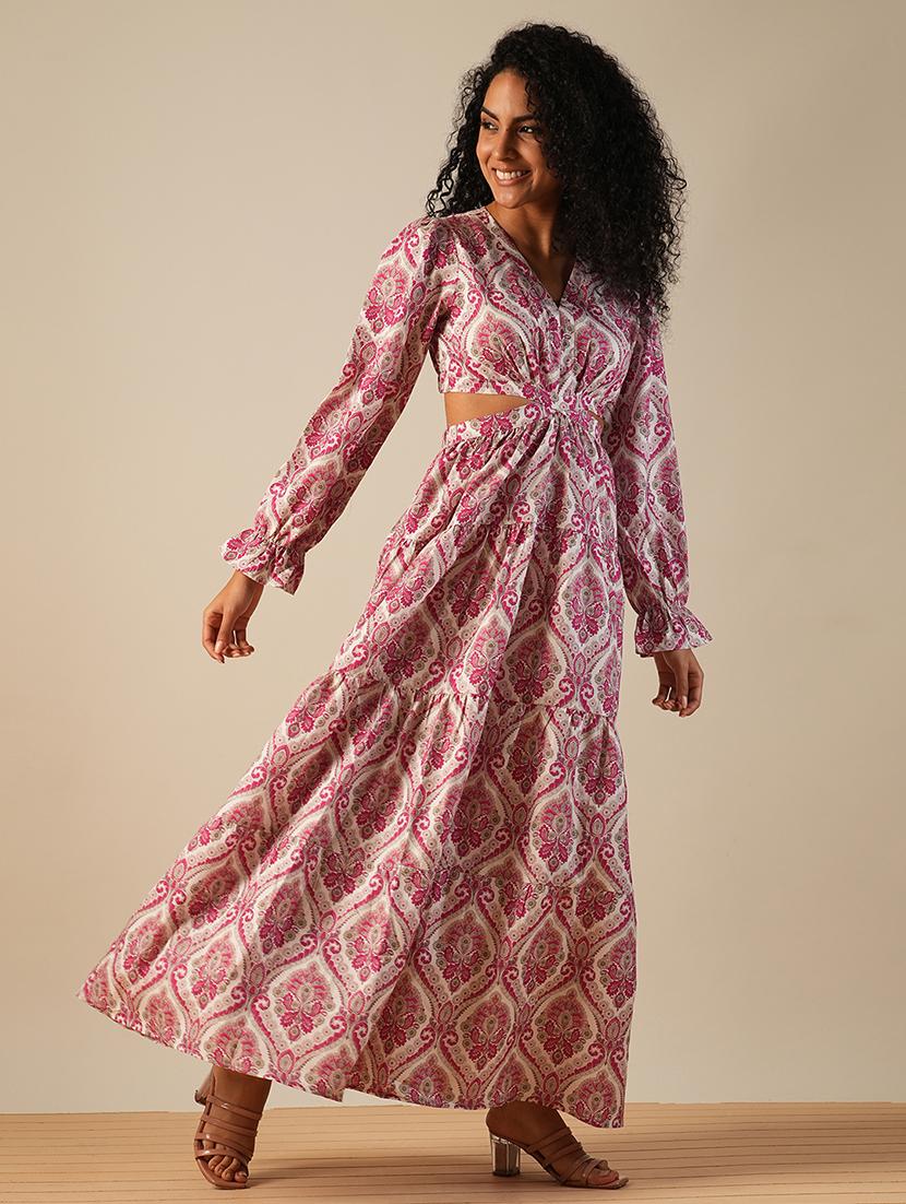 globus women pink v-neck bishop sleeves ethnic printed cut-out detail tiered fit & flare fusion maxi dress - 21649162 - Zoom Image - 0