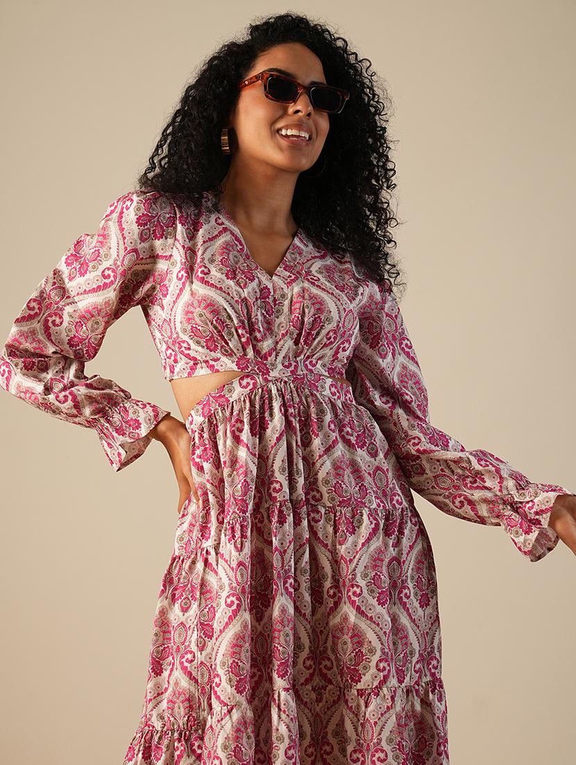 globus women pink v-neck bishop sleeves ethnic printed cut-out detail tiered fit & flare fusion maxi dress - 21649162 - Standard Image - 3