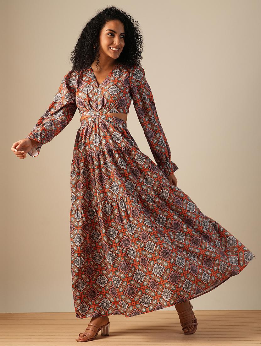 globus women orange v-neck bishop sleeves ethnic printed cut-out detail tiered fit & flare fusion maxi dress - 21649163 -  Zoom Image - 0