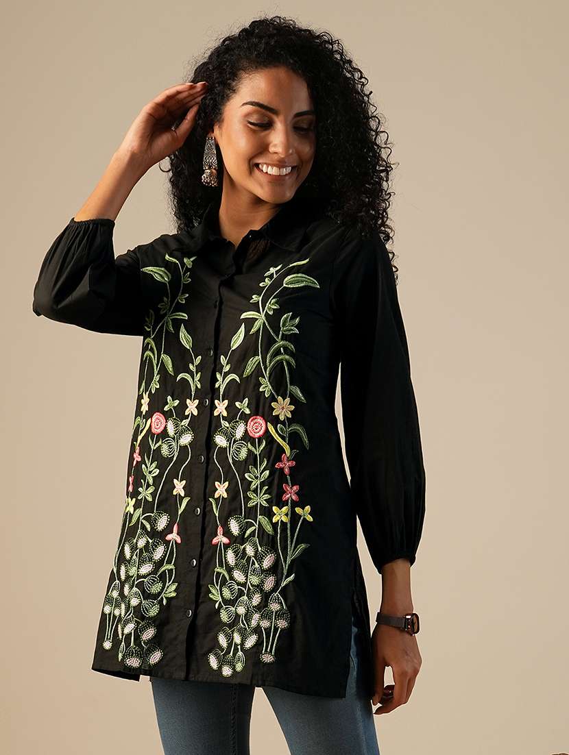 globus women black shirt collar bishop sleeves floral embroidered a-line fusion tunic - 21649542 -  Zoom Image - 0