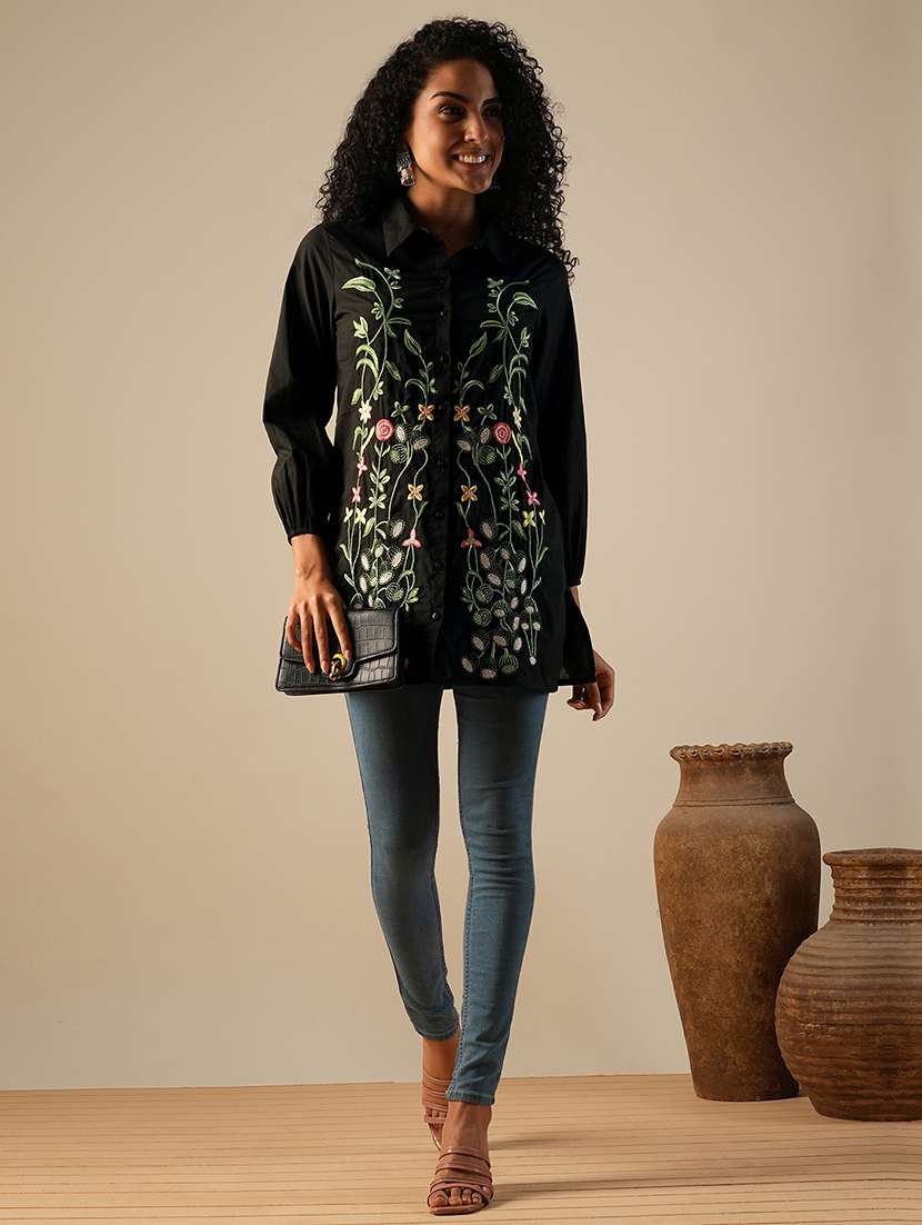 globus women black shirt collar bishop sleeves floral embroidered a-line fusion tunic - 21649542 - Standard Image - 3