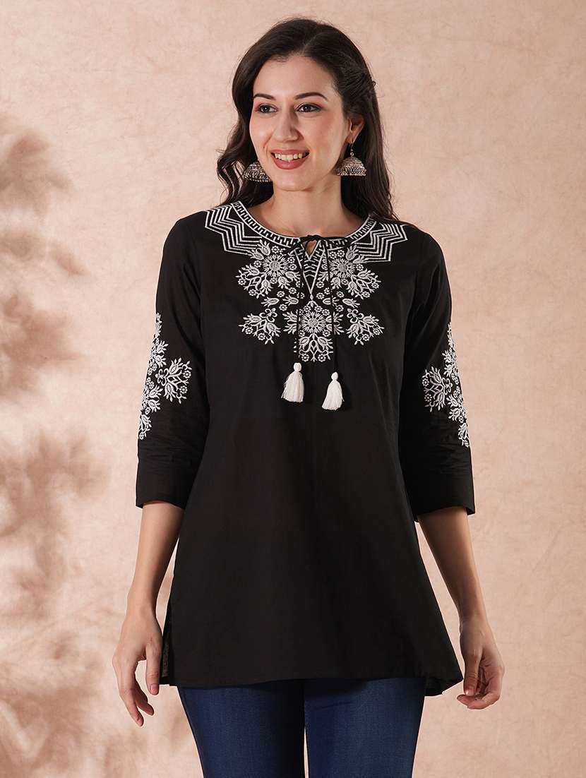 globus women black floral embroidered yoke tie-up neck side slit workwear tunic - 21649543 -  Zoom Image - 0