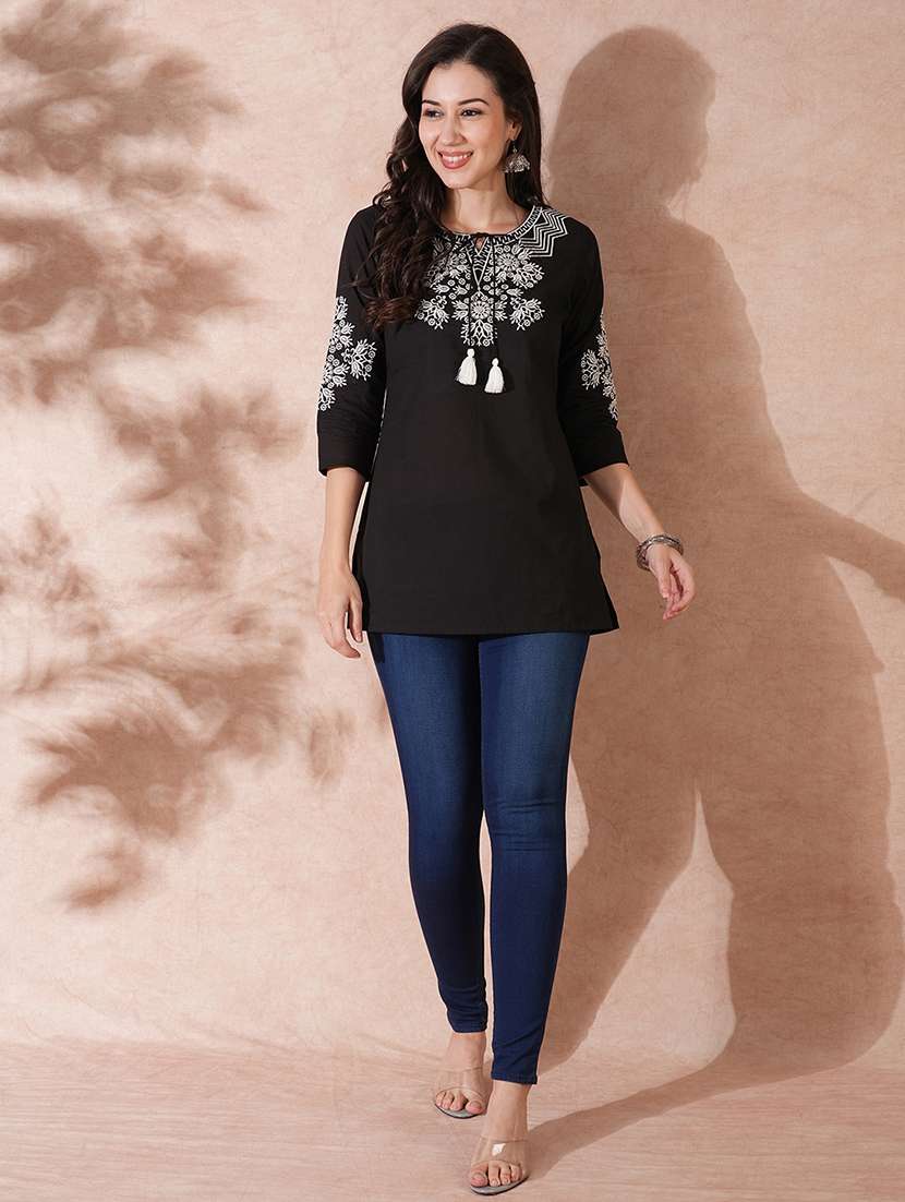 globus women black floral embroidered yoke tie-up neck side slit workwear tunic - 21649543 - Standard Image - 3