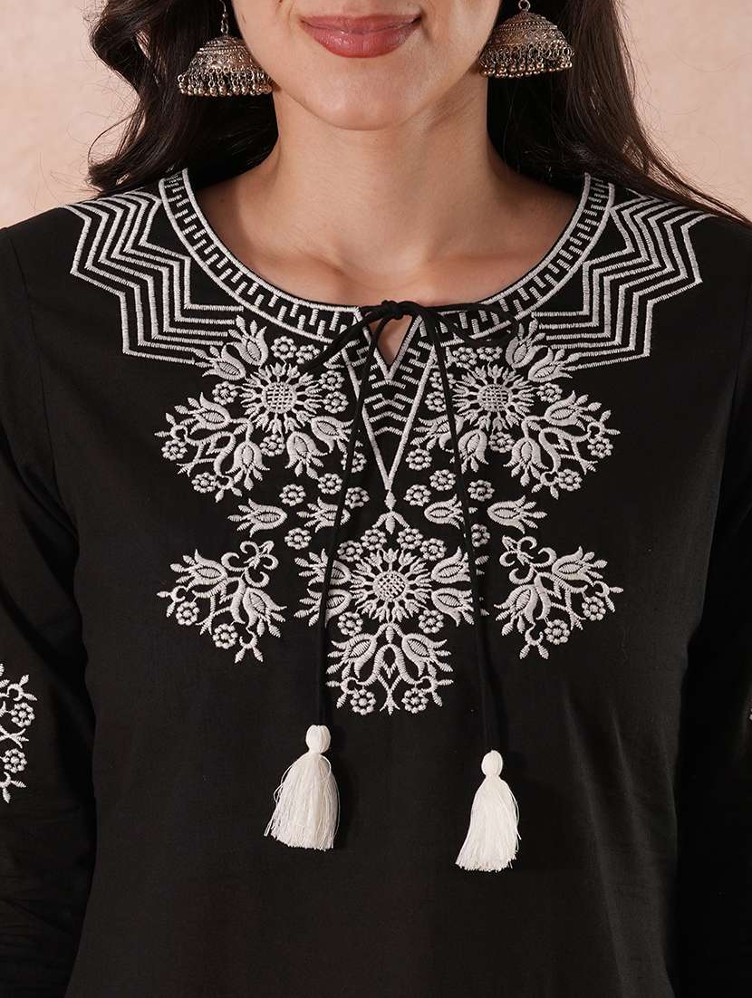 globus women black floral embroidered yoke tie-up neck side slit workwear tunic - 21649543 - Standard Image - 5