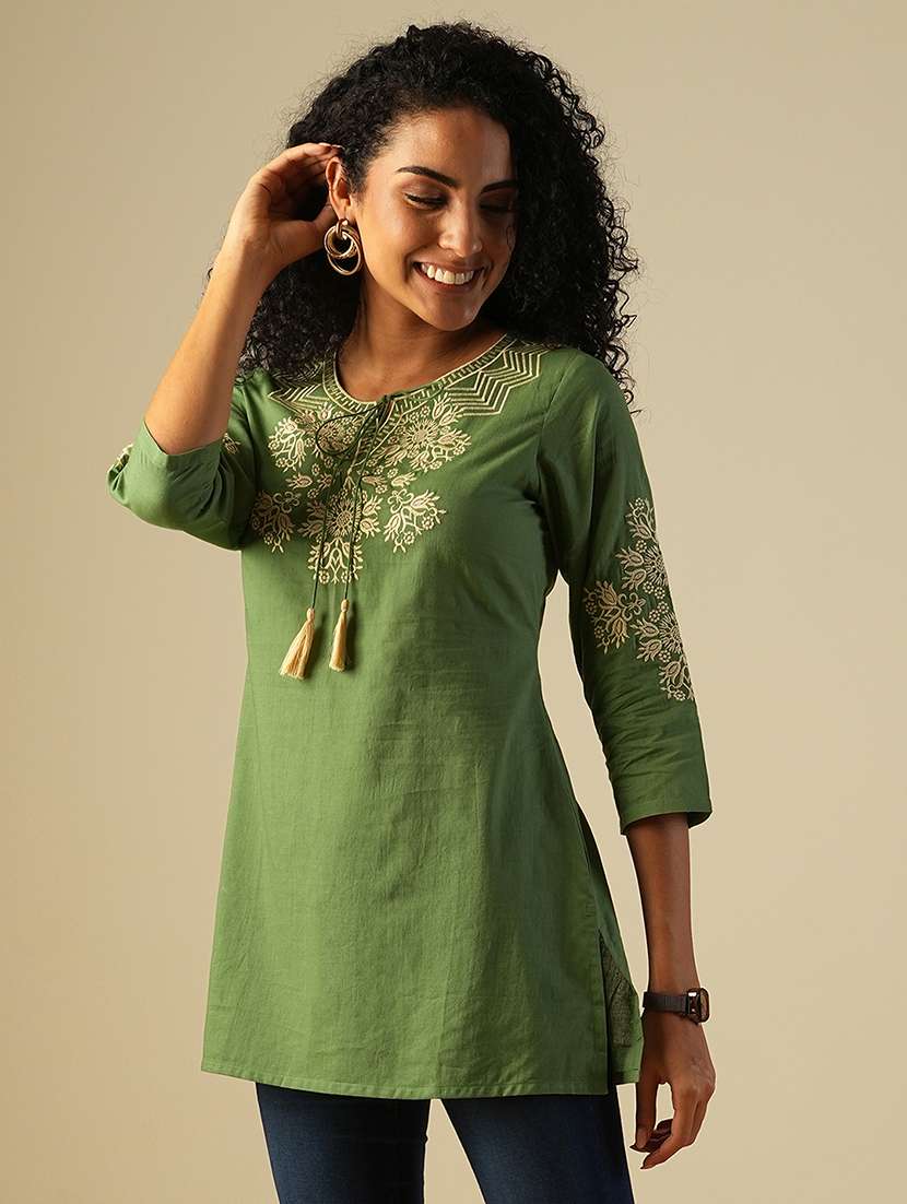 globus women tasselled tie-up neck embroidered yoke a-line workwear tunic - 21649544 -  Zoom Image - 0