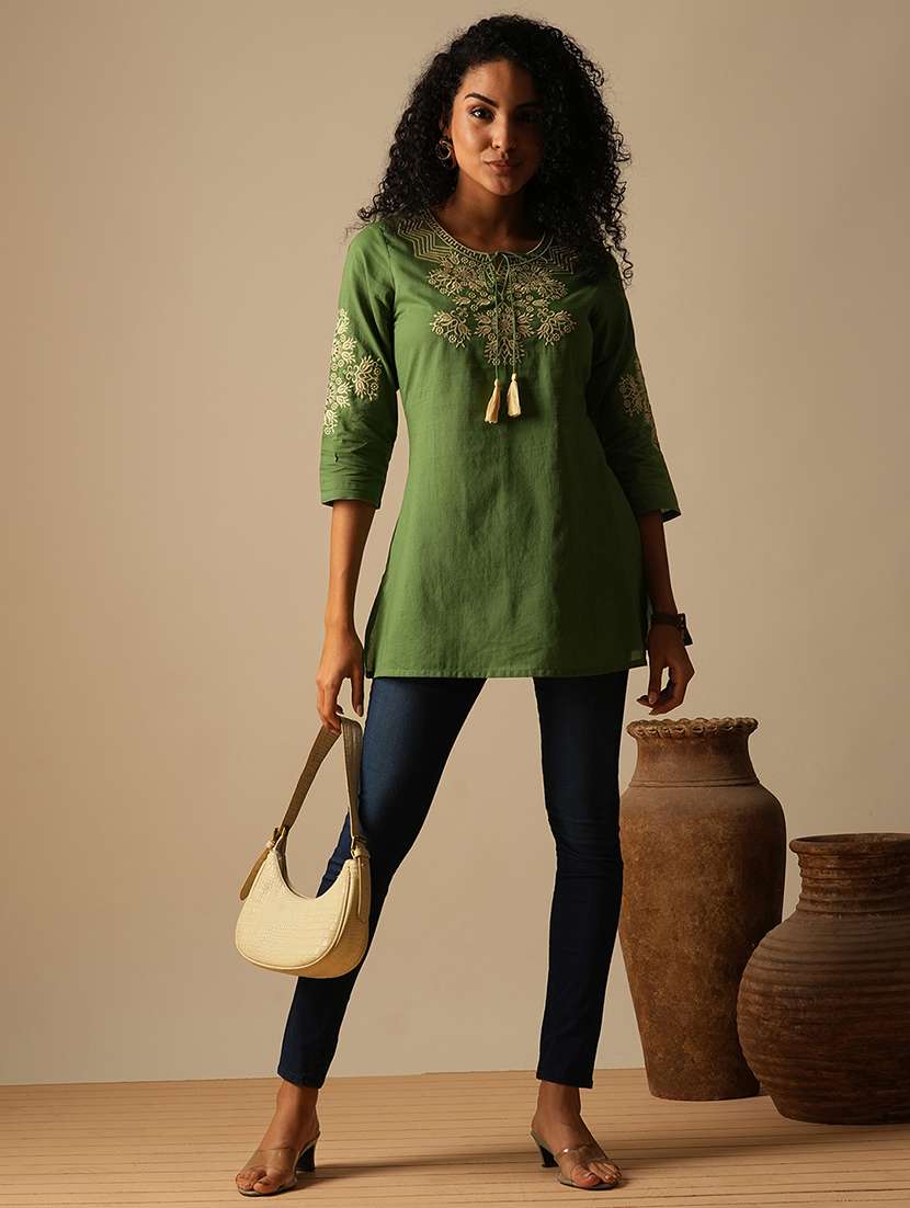 globus women tasselled tie-up neck embroidered yoke a-line workwear tunic - 21649544 - Standard Image - 3
