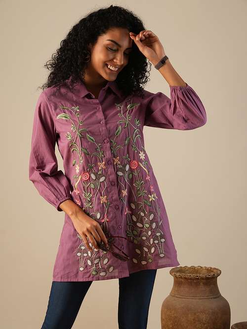globus women purple shirt collar bishop sleeves floral embroidered a-line fusion tunic - 21649545 - Standard Image - 0
