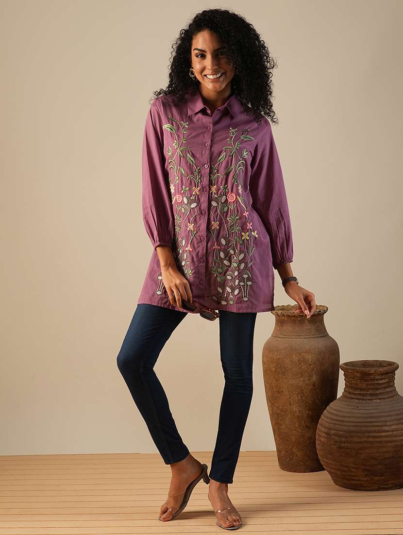 globus women purple shirt collar bishop sleeves floral embroidered a-line fusion tunic - 21649545 - Standard Image - 3