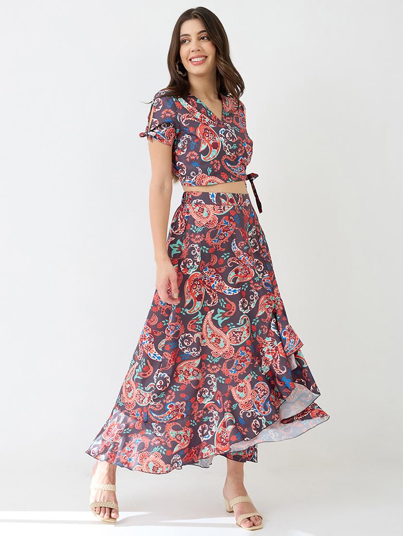 globus women multi wrap neck tie-up short sleeves paisley printed crop top & high-rise ruffled maxi skirt fusion co-ord set - 21649547 - Zoom Image - 0