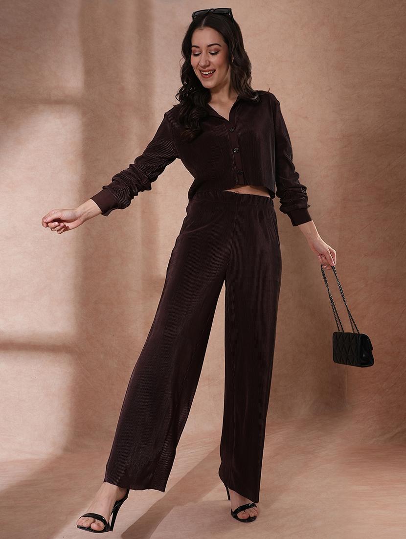 globus women brown self design accordion pleats crop shirt with elasticated waist trousers party wear co-ord set - 21649549 -  Zoom Image - 0