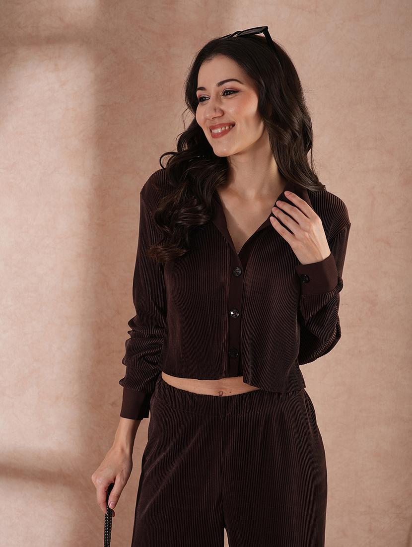 globus women brown self design accordion pleats crop shirt with elasticated waist trousers party wear co-ord set - 21649549 - Standard Image - 3