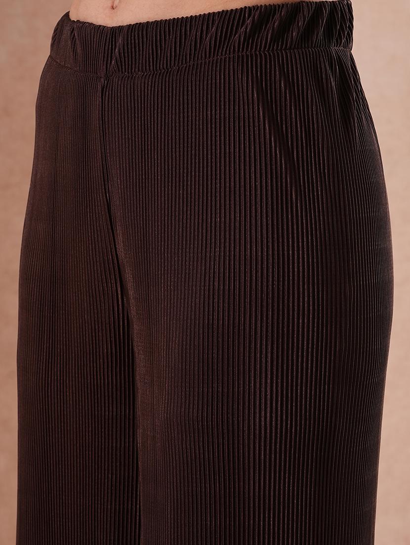 globus women brown self design accordion pleats crop shirt with elasticated waist trousers party wear co-ord set - 21649549 - Standard Image - 5