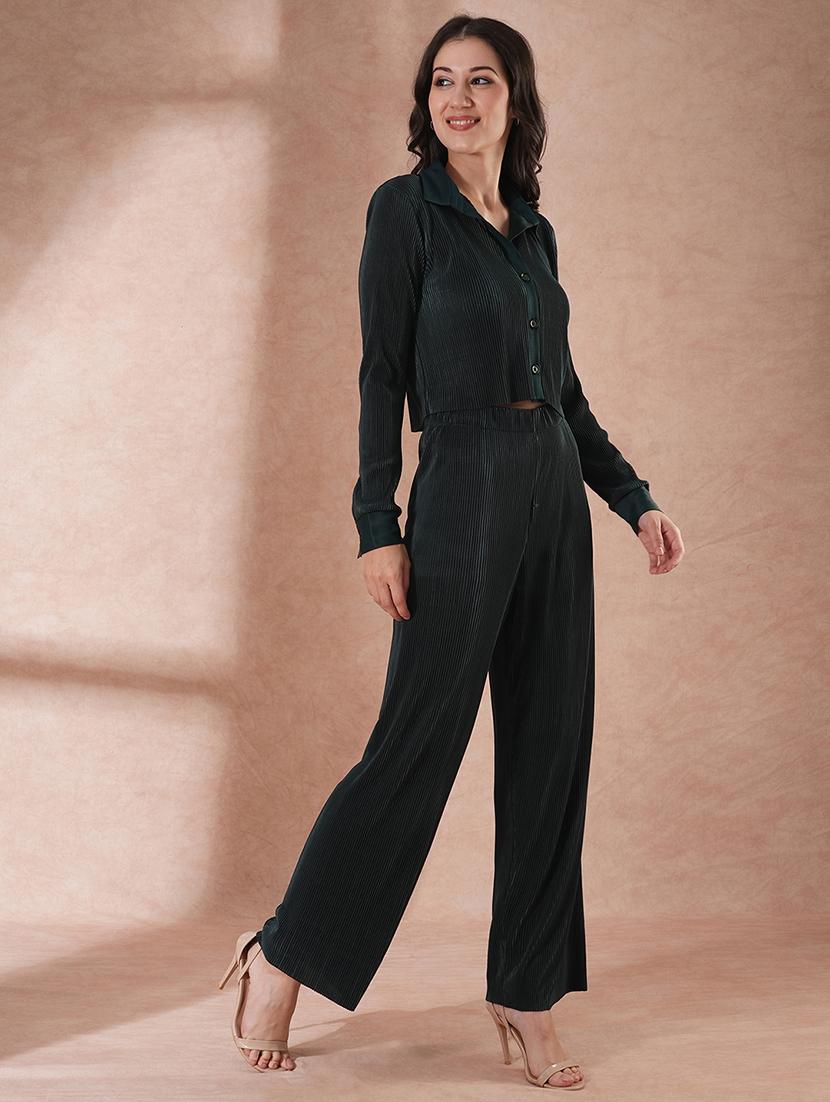 globus women green self design accordion pleats crop shirt with elasticated waist trousers party wear co-ord set - 21649550 - Zoom Image - 0