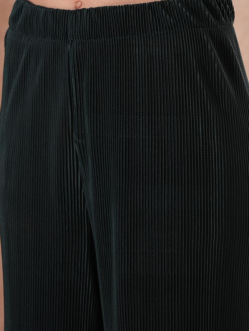 globus women green self design accordion pleats crop shirt with elasticated waist trousers party wear co-ord set - 21649550 - Standard Image - 5