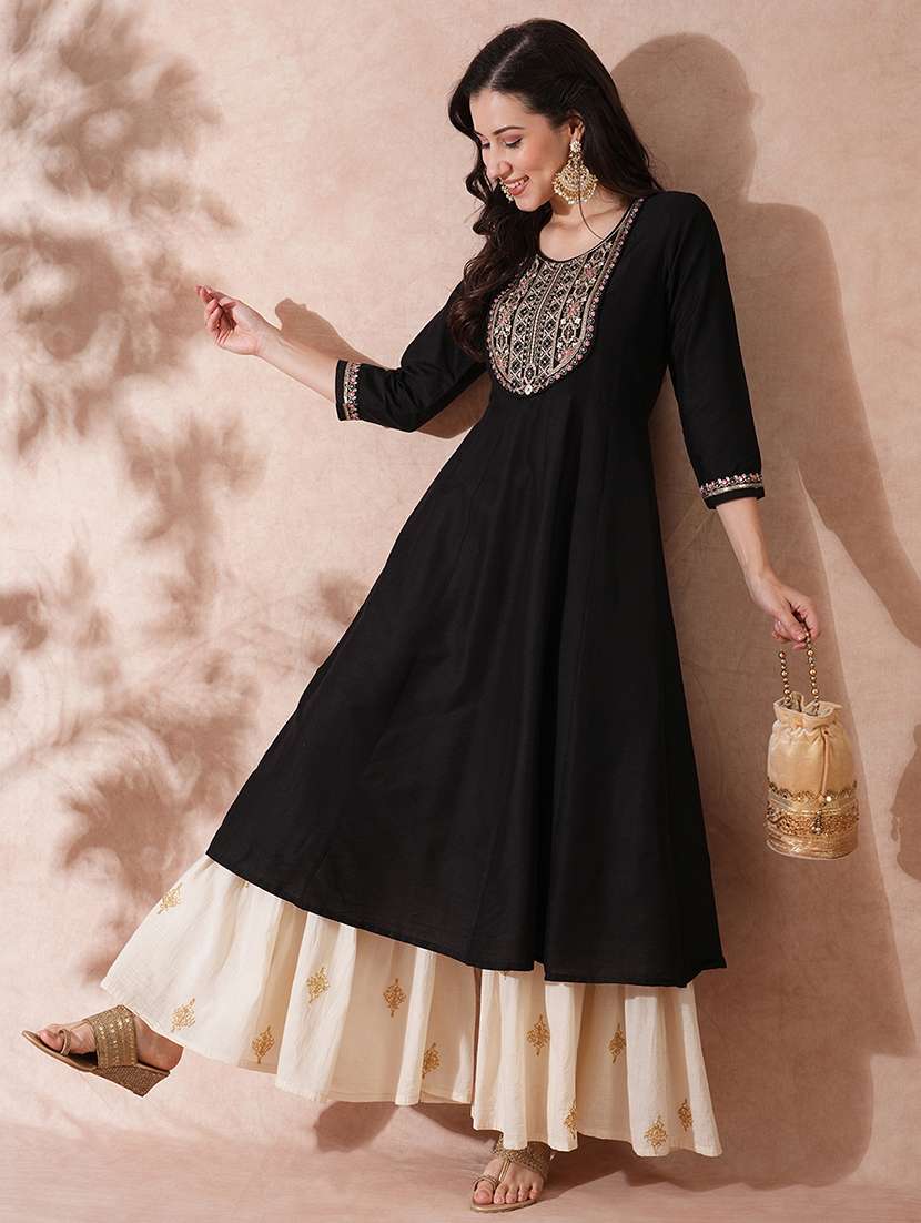globus women black zari embroidered & gold sequinned yoke panelled festive anarkali kurta - 21649553 - Zoom Image - 0