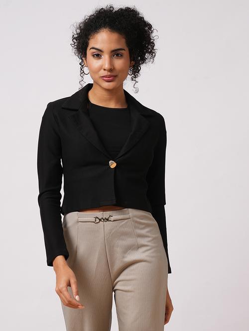 globus women black lapel collared long sleeves front opening crop work wear blazer - 21649554 -  Standard Image - 0