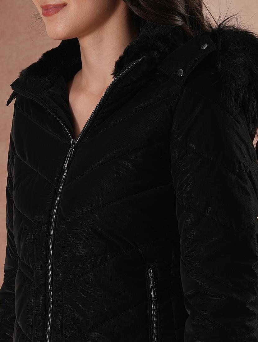 globus women black mock neck front zip winter wear insulator puffer jacket with detachable faux fur hood - 21649555 - Standard Image - 5