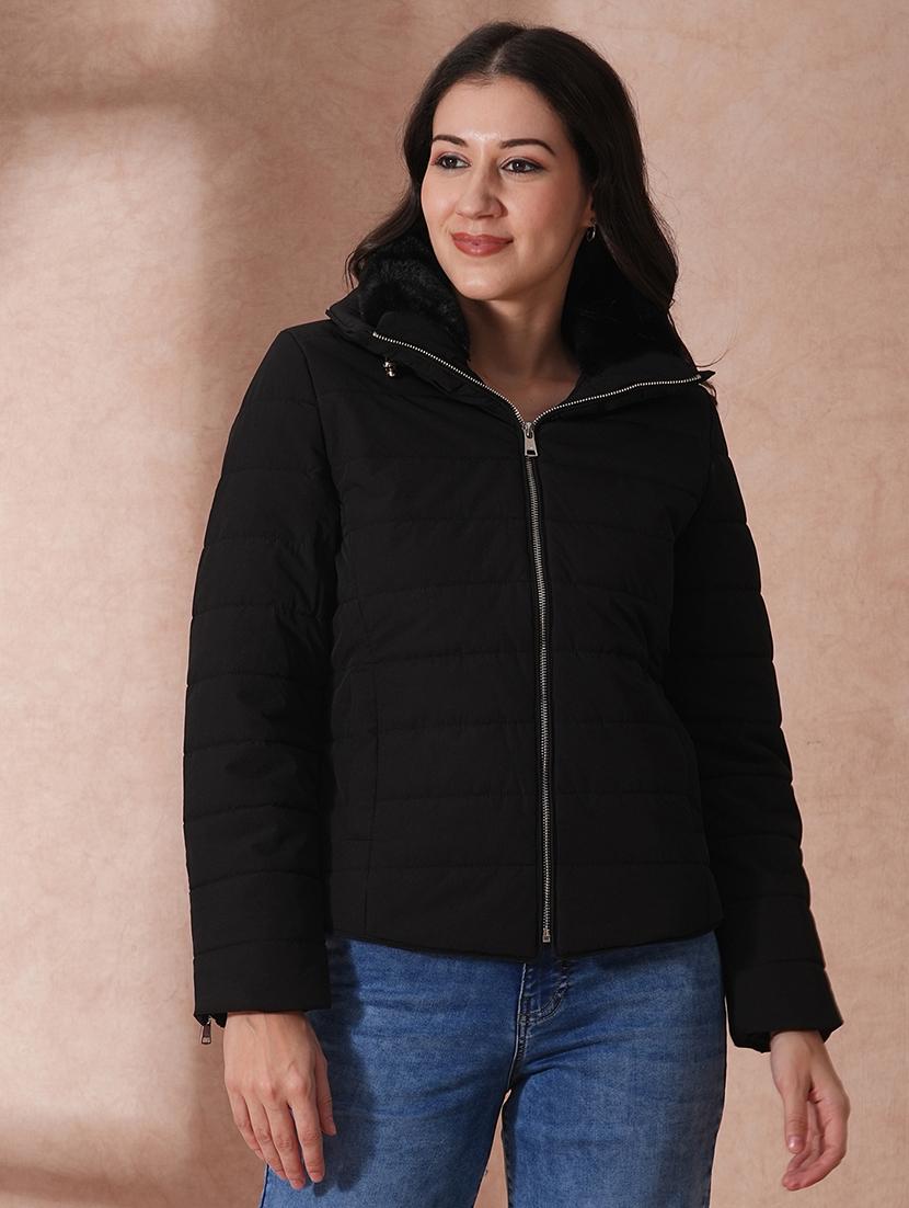 globus women black mock neck full sleeves front zip winter wear insulator puffer jacket with detachable hood  - 21649556 -  Zoom Image - 0