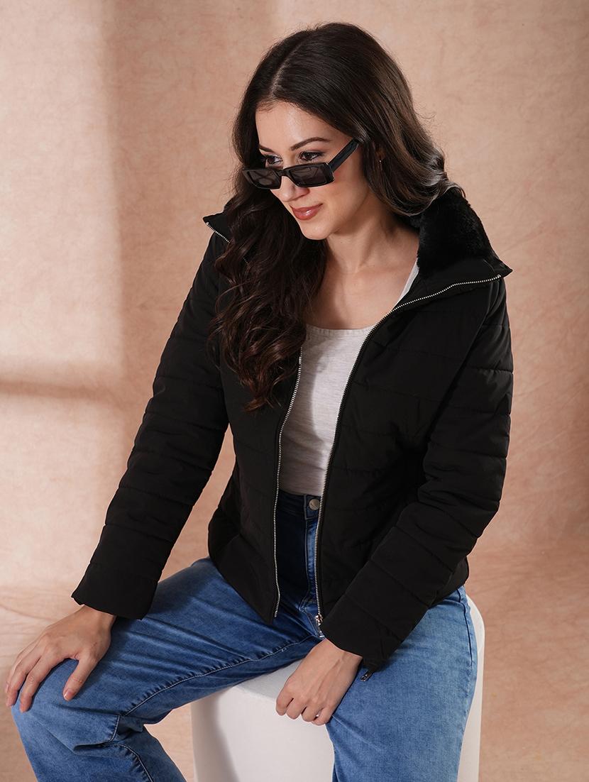 globus women black mock neck full sleeves front zip winter wear insulator puffer jacket with detachable hood - 21649556 - Standard Image - 3