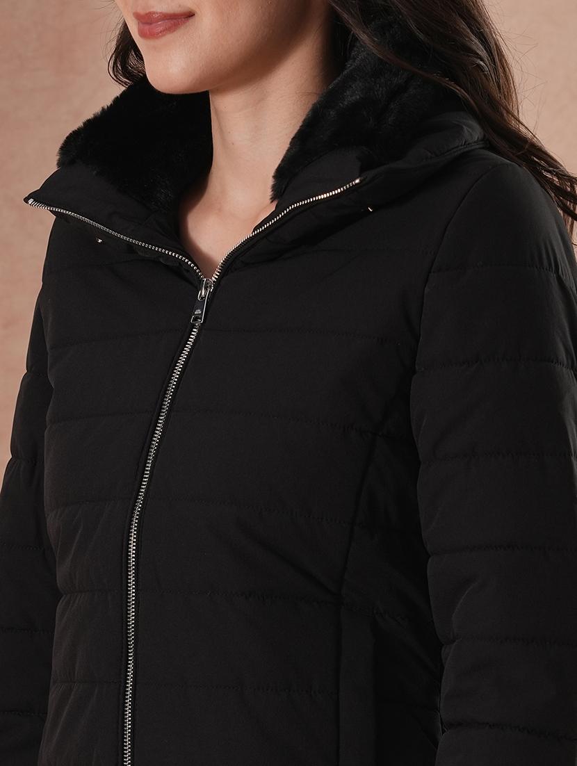 globus women black mock neck full sleeves front zip winter wear insulator puffer jacket with detachable hood - 21649556 - Standard Image - 5