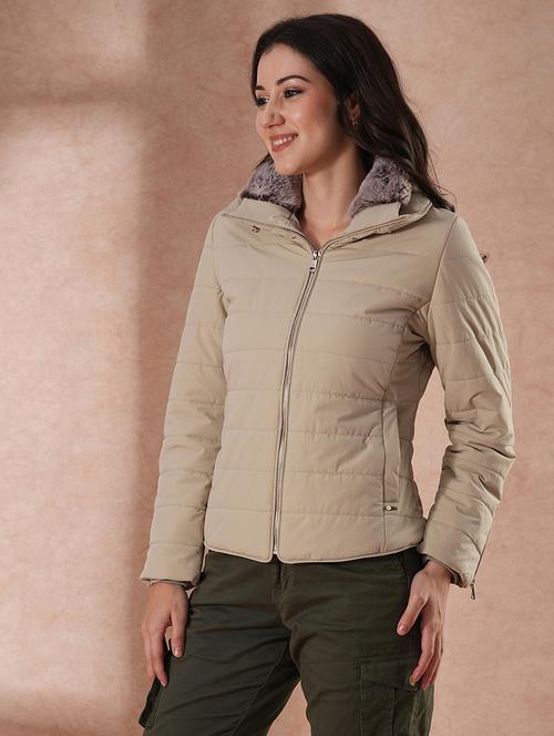 globus women beige mock neck full sleeves front zip winter wear insulator puffer jacket with detachable hood  - 21649557 -  Standard Image - 0