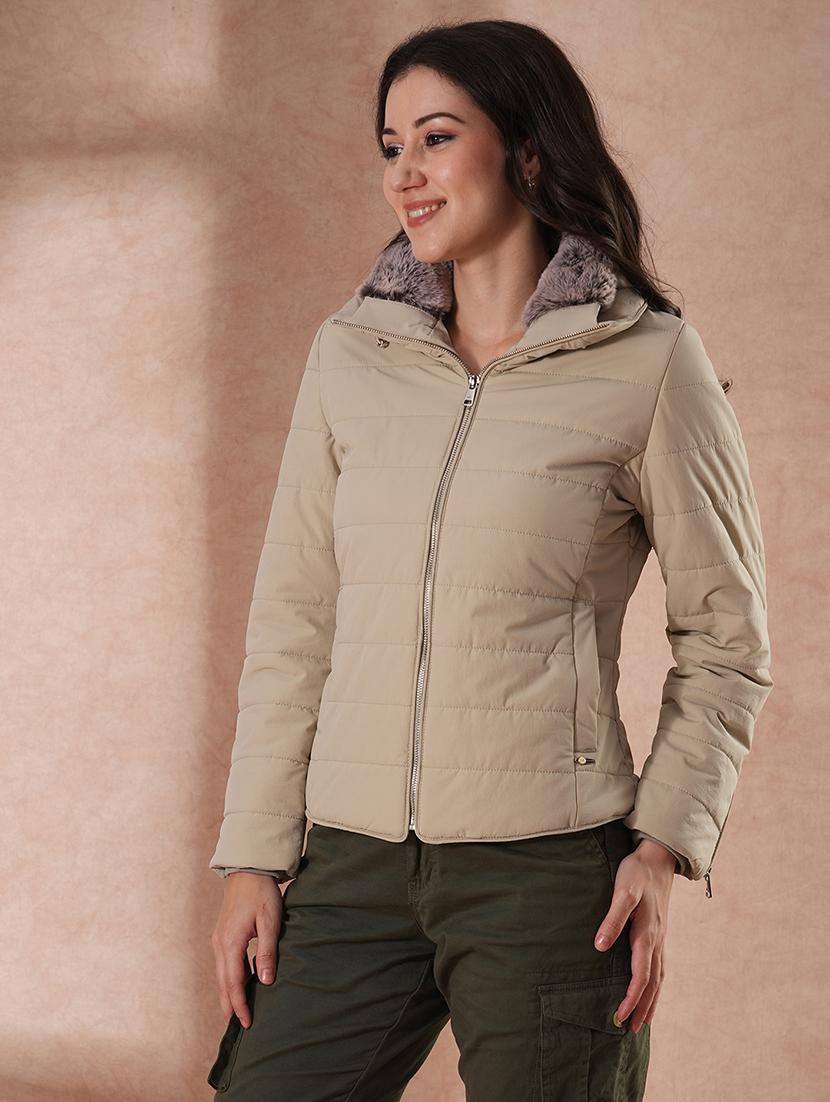 globus women beige mock neck full sleeves front zip winter wear insulator puffer jacket with detachable hood  - 21649557 -  Zoom Image - 0