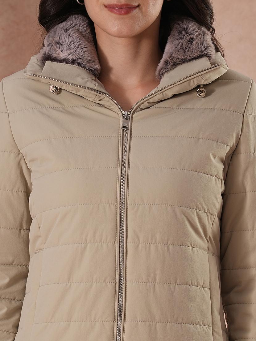 globus women beige mock neck full sleeves front zip winter wear insulator puffer jacket with detachable hood - 21649557 - Standard Image - 5