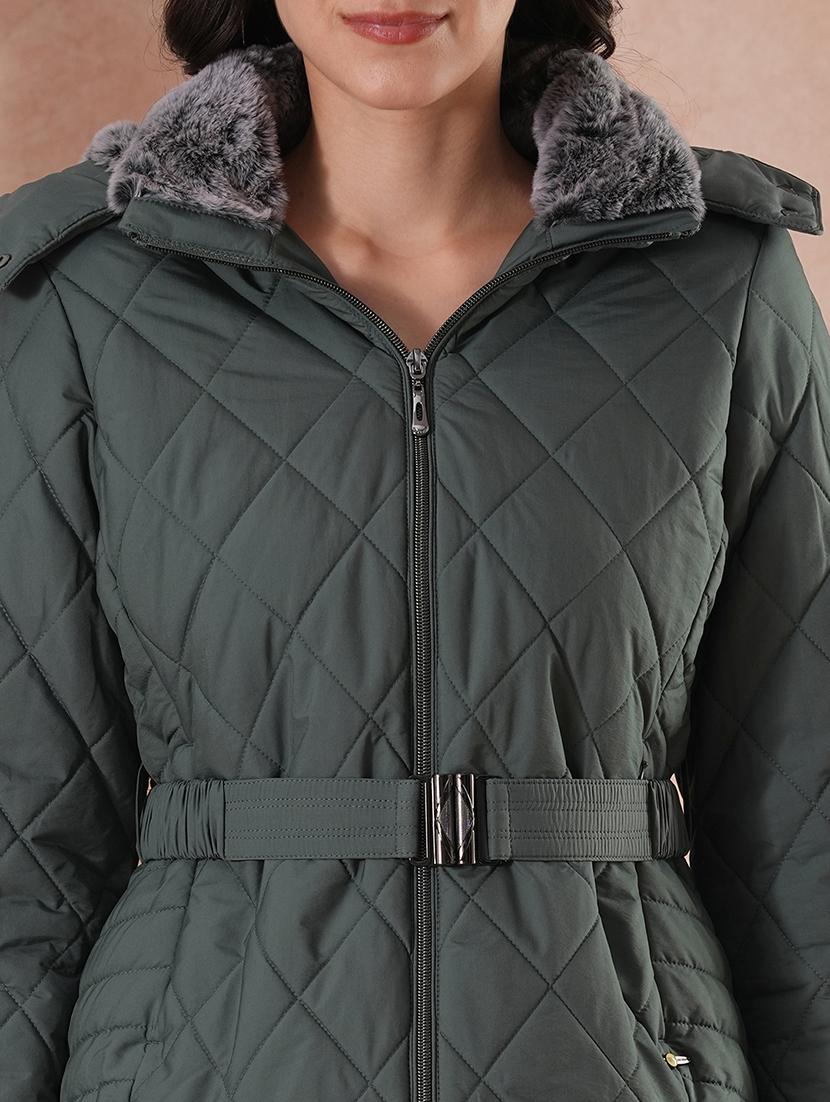globus women sea green mock neck front zip belted winter wear insulator puffer jacket with detachable soft functional hood - 21649558 - Standard Image - 5