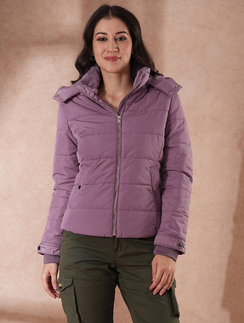 globus women lavender mock neck front zip winter wear insulator puffer jacket with detachable soft functional hood - 21649559 - Zoom Image - 0