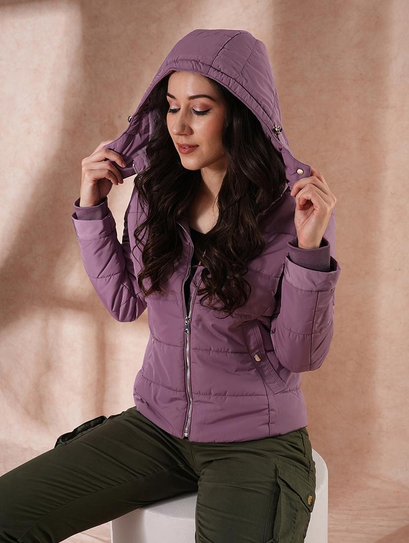 globus women lavender mock neck front zip winter wear insulator puffer jacket with detachable soft functional hood - 21649559 - Standard Image - 3