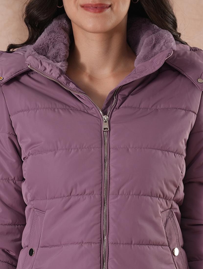 globus women lavender mock neck front zip winter wear insulator puffer jacket with detachable soft functional hood - 21649559 - Standard Image - 5