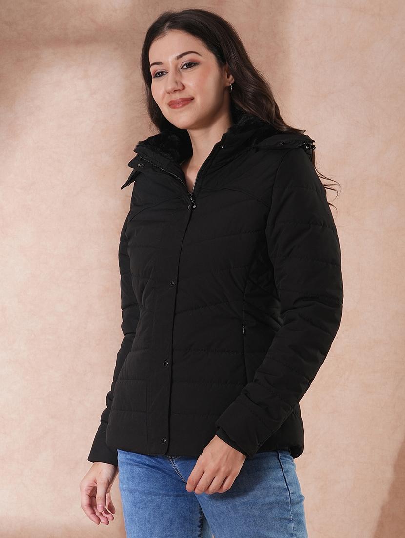 globus women black mock neck button & zip closure winter wear insulator puffer jacket with detachable soft functional hood - 21649560 - Zoom Image - 0