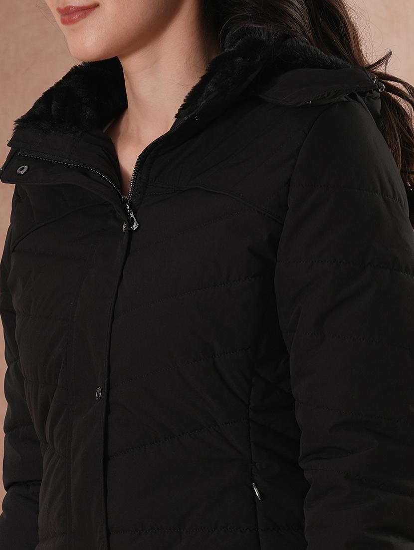 globus women black mock neck button & zip closure winter wear insulator puffer jacket with detachable soft functional hood - 21649560 - Standard Image - 5