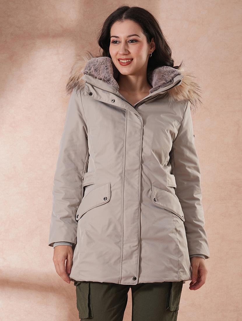globus women grey mock neck 2 flap pocket winter wear insulator puffer jacket with detachable faux fur hood - 21649562 -  Zoom Image - 0