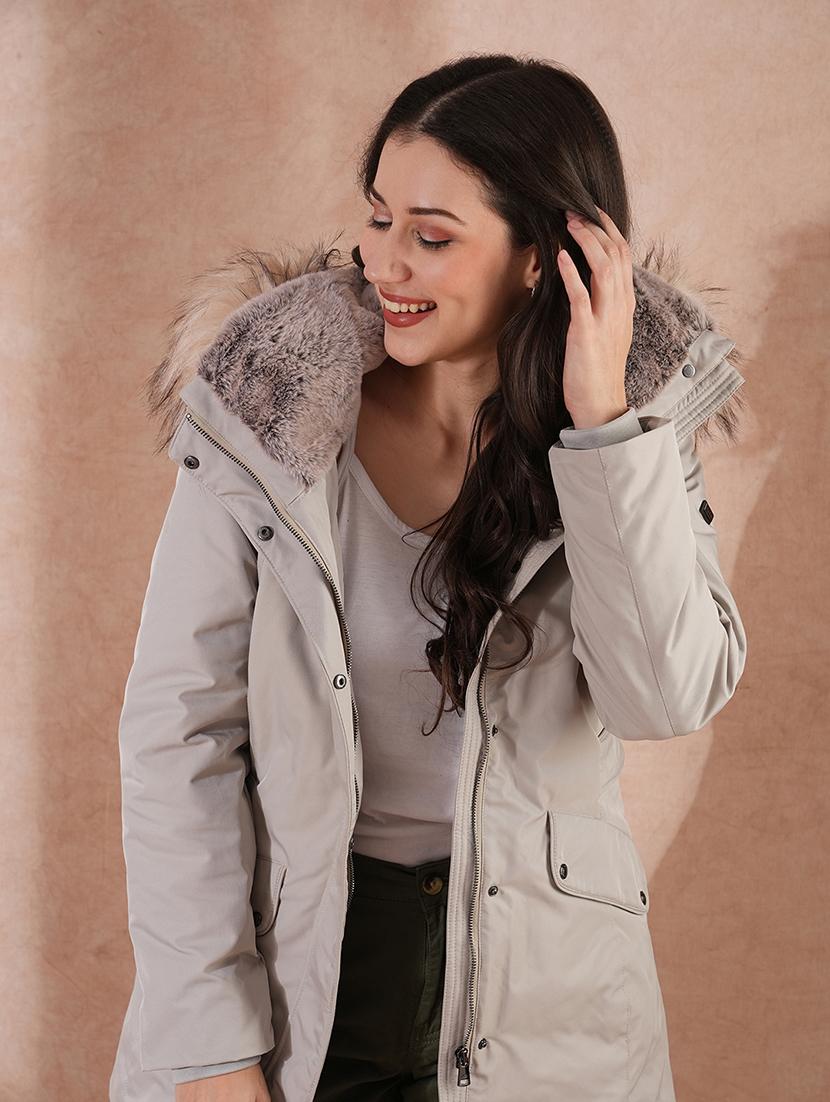 globus women grey mock neck 2 flap pocket winter wear insulator puffer jacket with detachable faux fur hood - 21649562 - Standard Image - 3