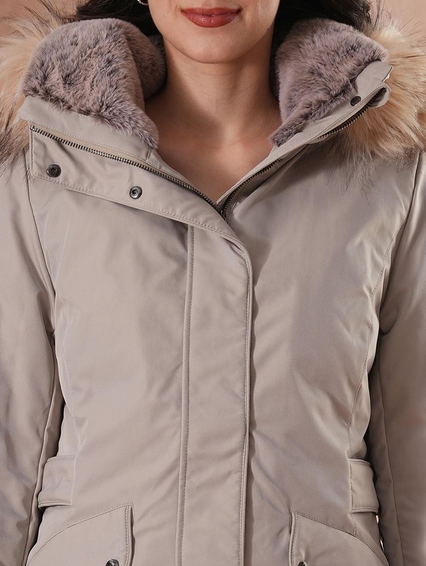 globus women grey mock neck 2 flap pocket winter wear insulator puffer jacket with detachable faux fur hood - 21649562 - Standard Image - 5