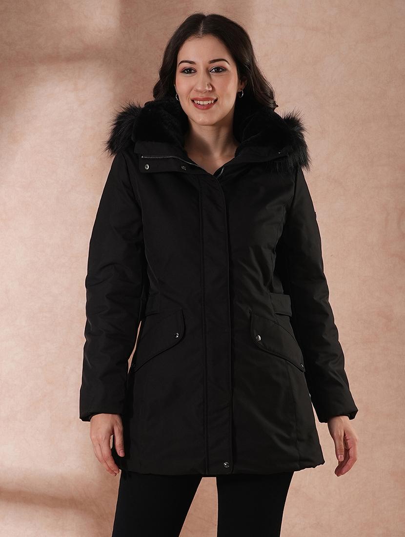 globus women black mock neck 2 flap pocket winter wear insulator puffer jacket with detachable faux fur hood - 21649563 -  Zoom Image - 0