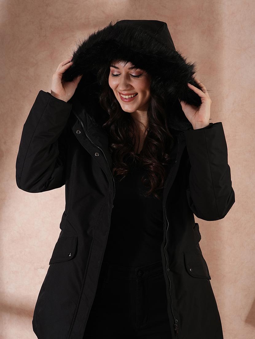 globus women black mock neck 2 flap pocket winter wear insulator puffer jacket with detachable faux fur hood - 21649563 - Standard Image - 3