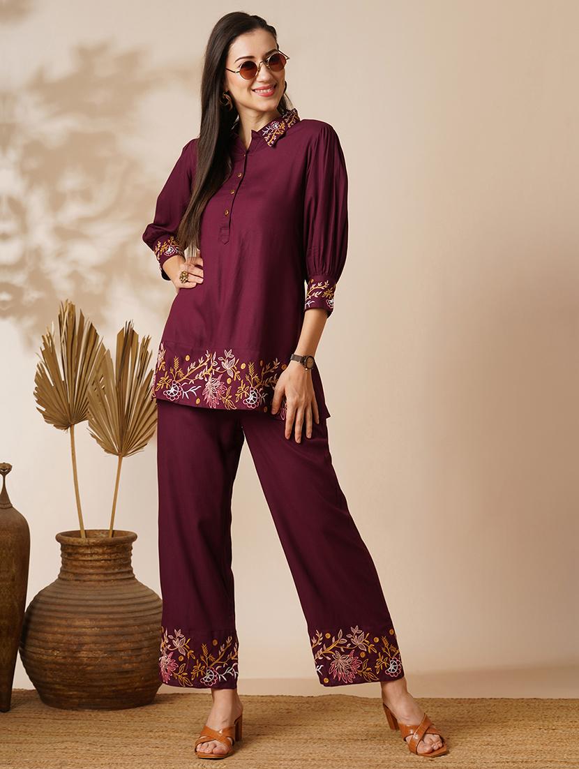 globus women purple floral embroidered shirt collar top & mid-rise ankle length pants fusion co-ord set - 21649568 - Zoom Image - 0