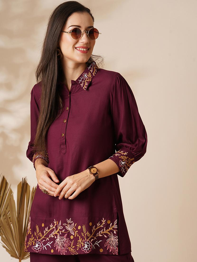 globus women purple floral embroidered shirt collar top & mid-rise ankle length pants fusion co-ord set - 21649568 - Standard Image - 3