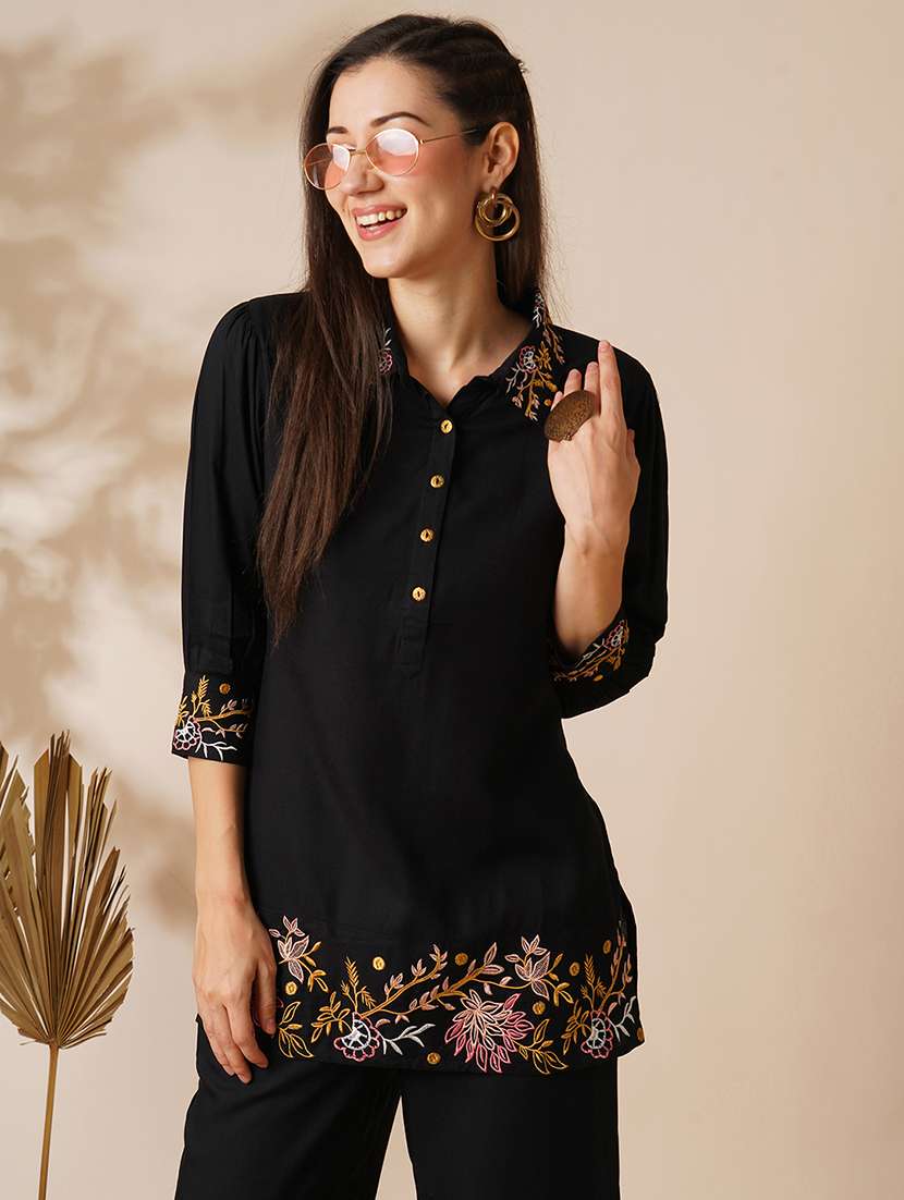 globus women black floral embroidered shirt collar top & ankle length pants fusion co-ord set - 21649569 -  Standard Image - 3