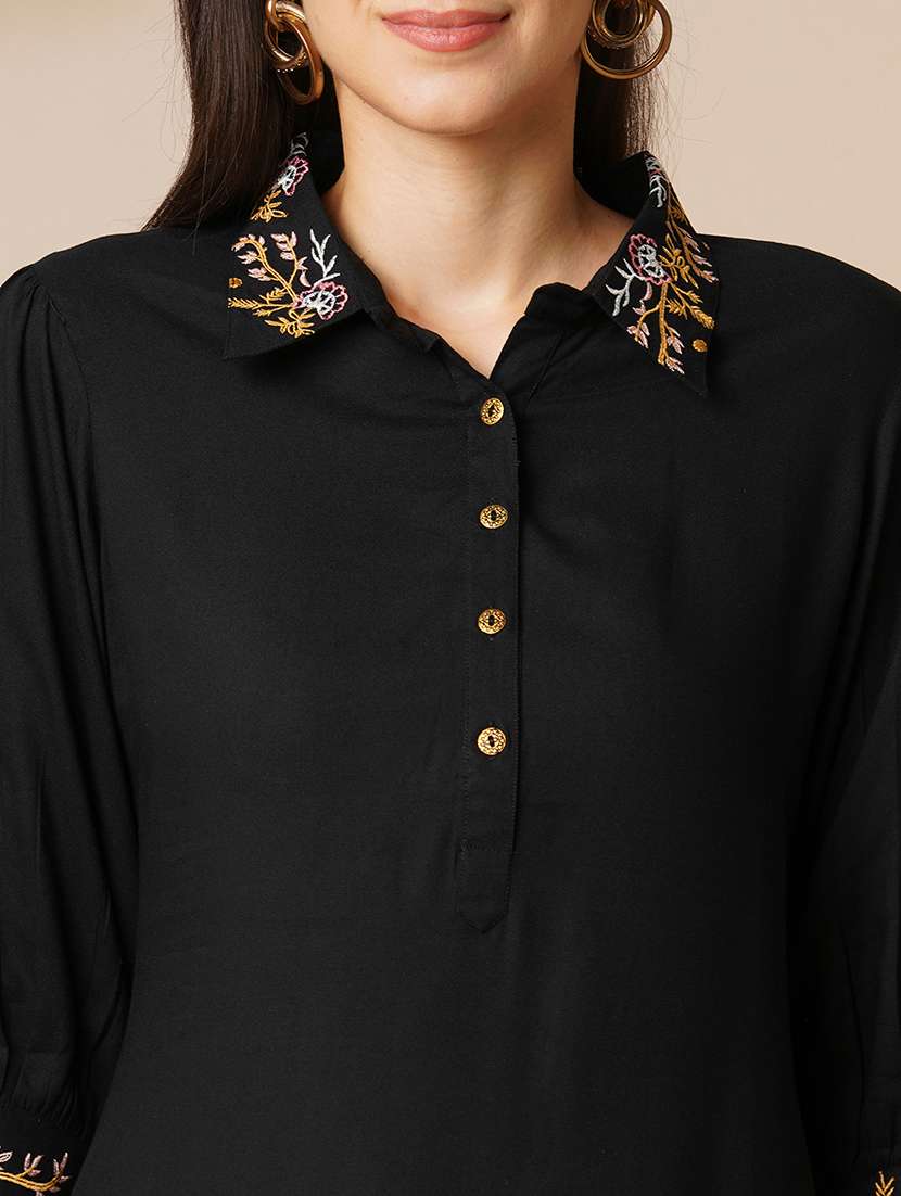 globus women black floral embroidered shirt collar top & ankle length pants fusion co-ord set - 21649569 -  Standard Image - 5