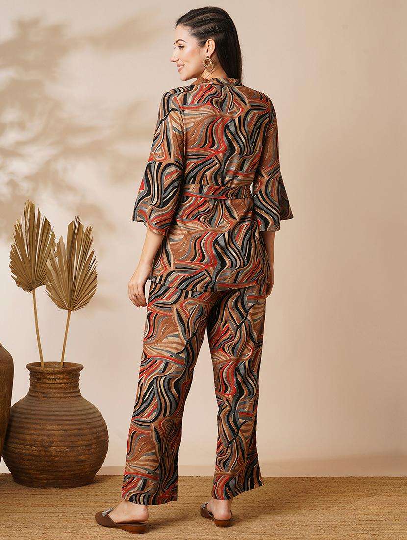 women multi-colour marble gold foil print lapel collar flared sleeves shirt style top & ankle length pants fusion co-ord set - 21649570 -  Standard Image - 3