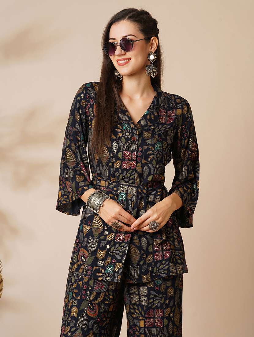 globus women blue abstract gold foil print lapel collar flared sleeves shirt style top & ankle length pants fusion co-ord set - 21649571 -  Standard Image - 3