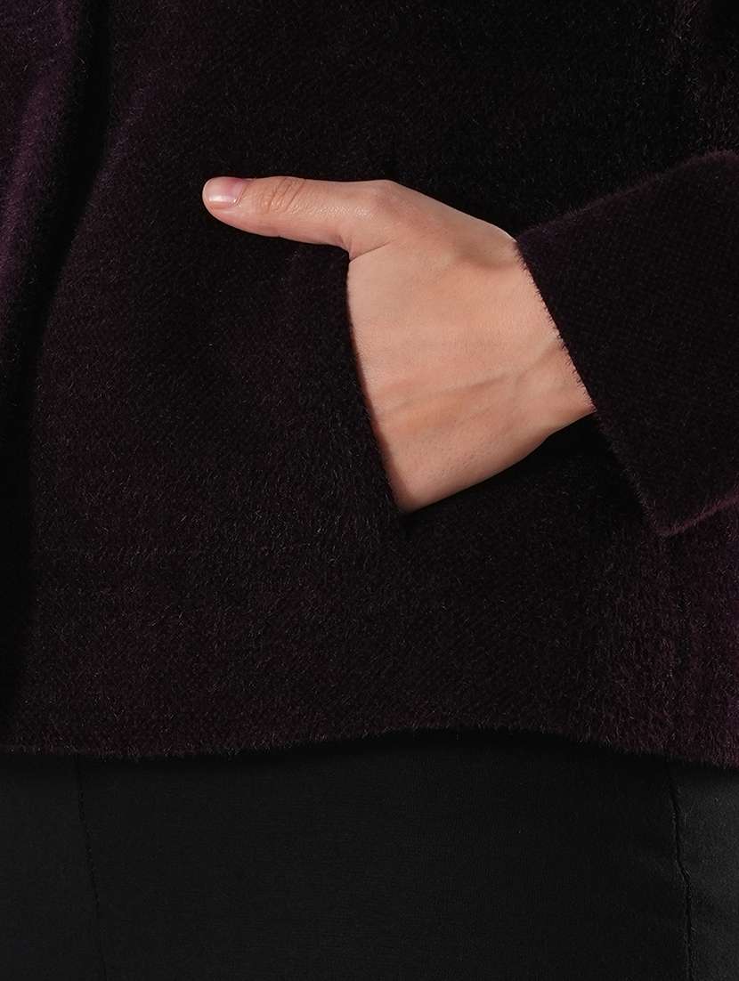 globus women burgundy round neck long sleeves self design 2 pockets tailored fit winter wear overcoat - 21649573 - Standard Image - 5