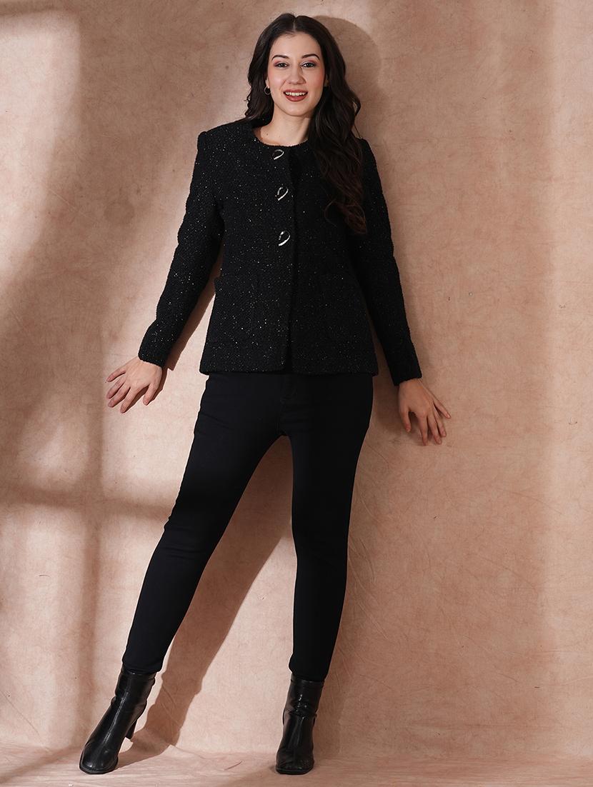 globus women black round neck long sleeves shimmer self design 2 pockets tailored fit winter wear overcoat - 21649578 - Standard Image - 3